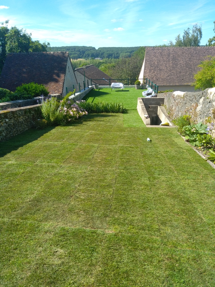Pelouse fraîchement posée, vue depuis la terrasse